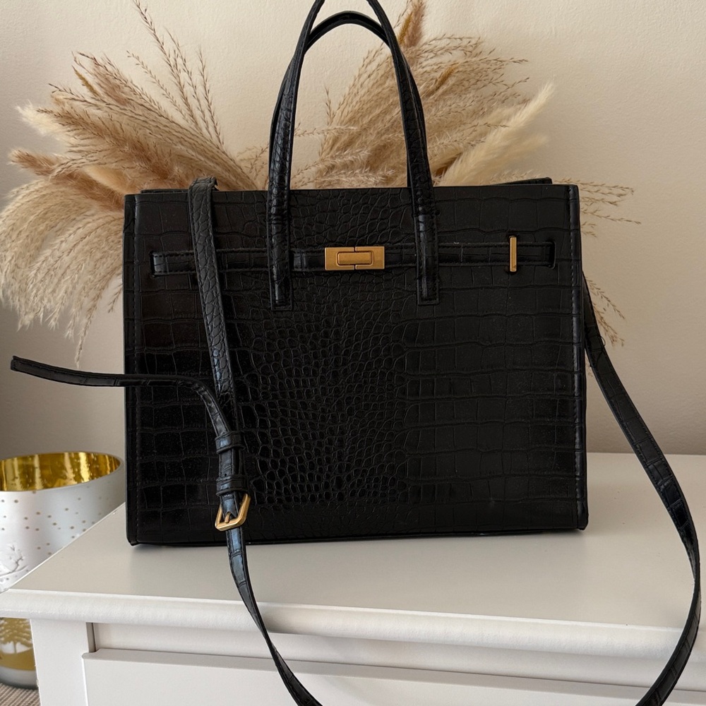 Mango Black Crocodile-Embossed Satchel